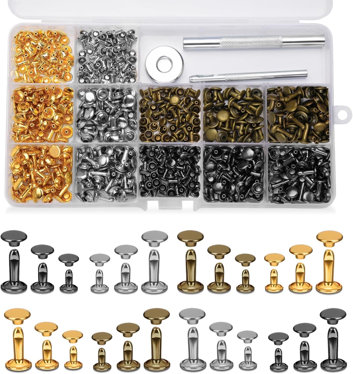 DIUDUS 240 Set Leather Rivets 4 Colors 3 Sizes Double Cap Rivets for Leather with 3 Pcs Setting Tools