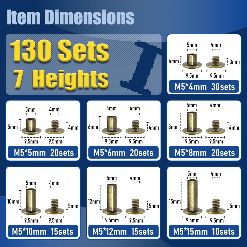 ArcNascency 130 Sets Bronze Chicago Screws Leather Rivets Kit, 7 Sizes for Belts, Bookbinding, DIY Leather