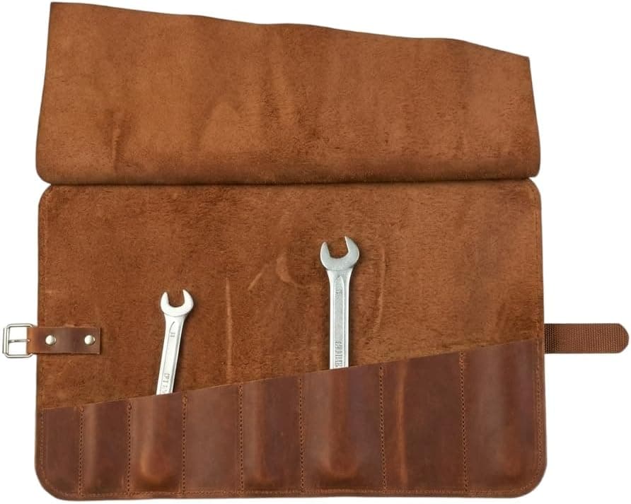 TORAKIP Genuine Leather Tool Roll Up Bag - Handmade Organizer with 8 Slots, Buckle Strap Closure, Warm Brown