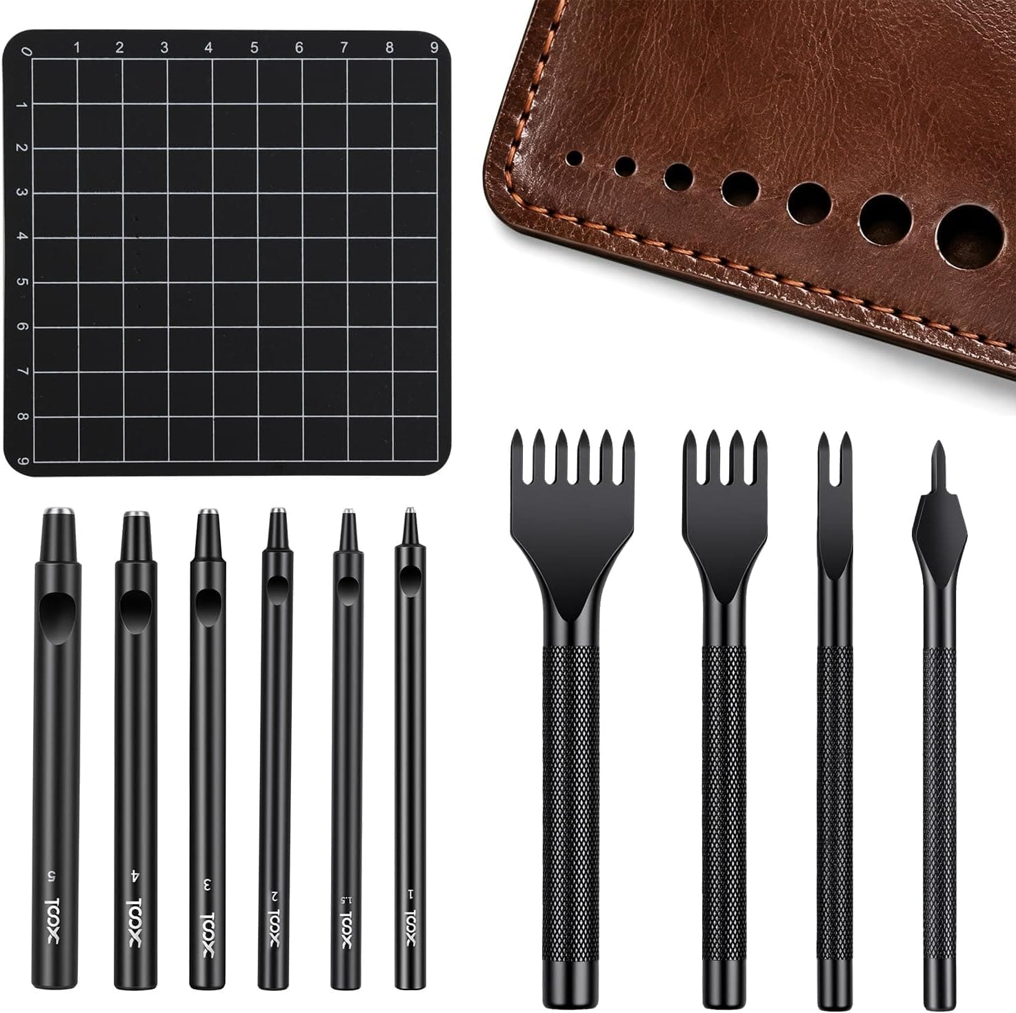 XOOL Leather Punch & Stitching Chisel Kit, Diamond Chisels & Hollow Hole Punch Set, 1-5mm & 4mm Prong Spacing