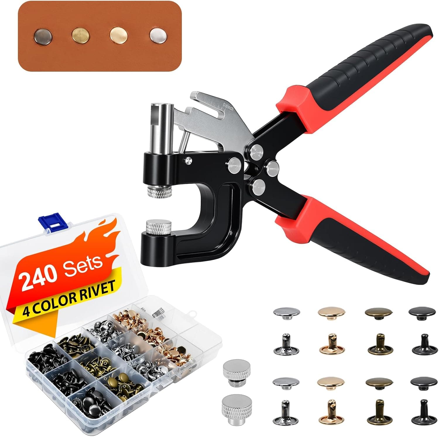 Rivet Tool - 240 Sets Leather Rivets Kit with Rivet Press Plier, 10mm Double Cap Rivets in 4 Colors & 2 Heights
