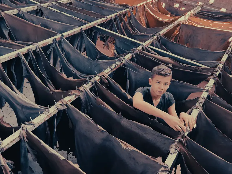A young boy works in a traditional leather tannery, surrounded by hanging hides