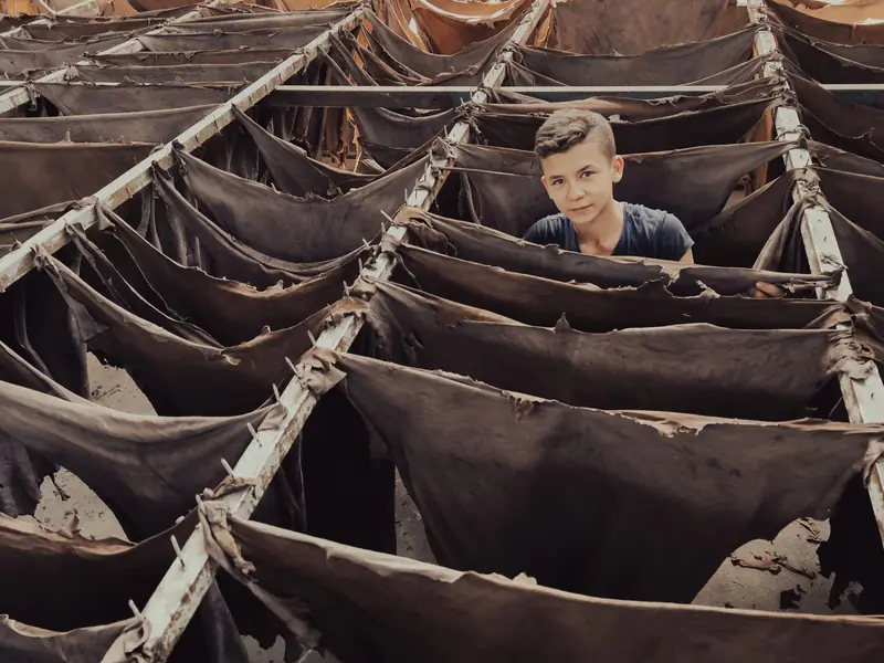 Young boy in a tannery standing among rows of drying leather hides, showcasing traditional leather production